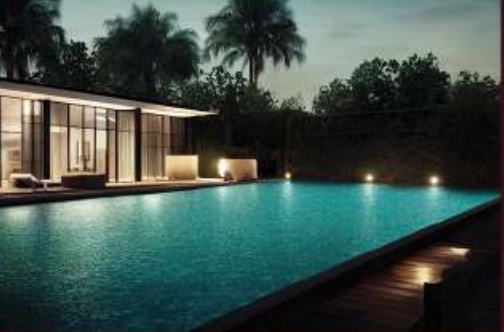 Rooftop terrace swimming pool at dusk with lounge seating
