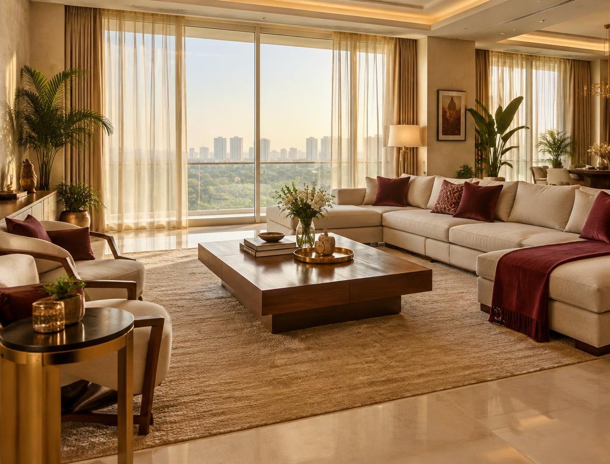 Bright, elegantly furnished living room interior with floor-to-ceiling windows